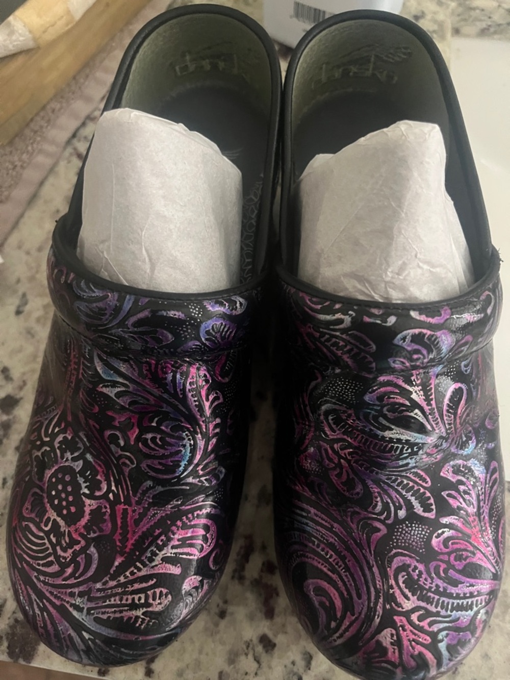 Women’s Black Floral Embossed Leather Mules - Pink Accents